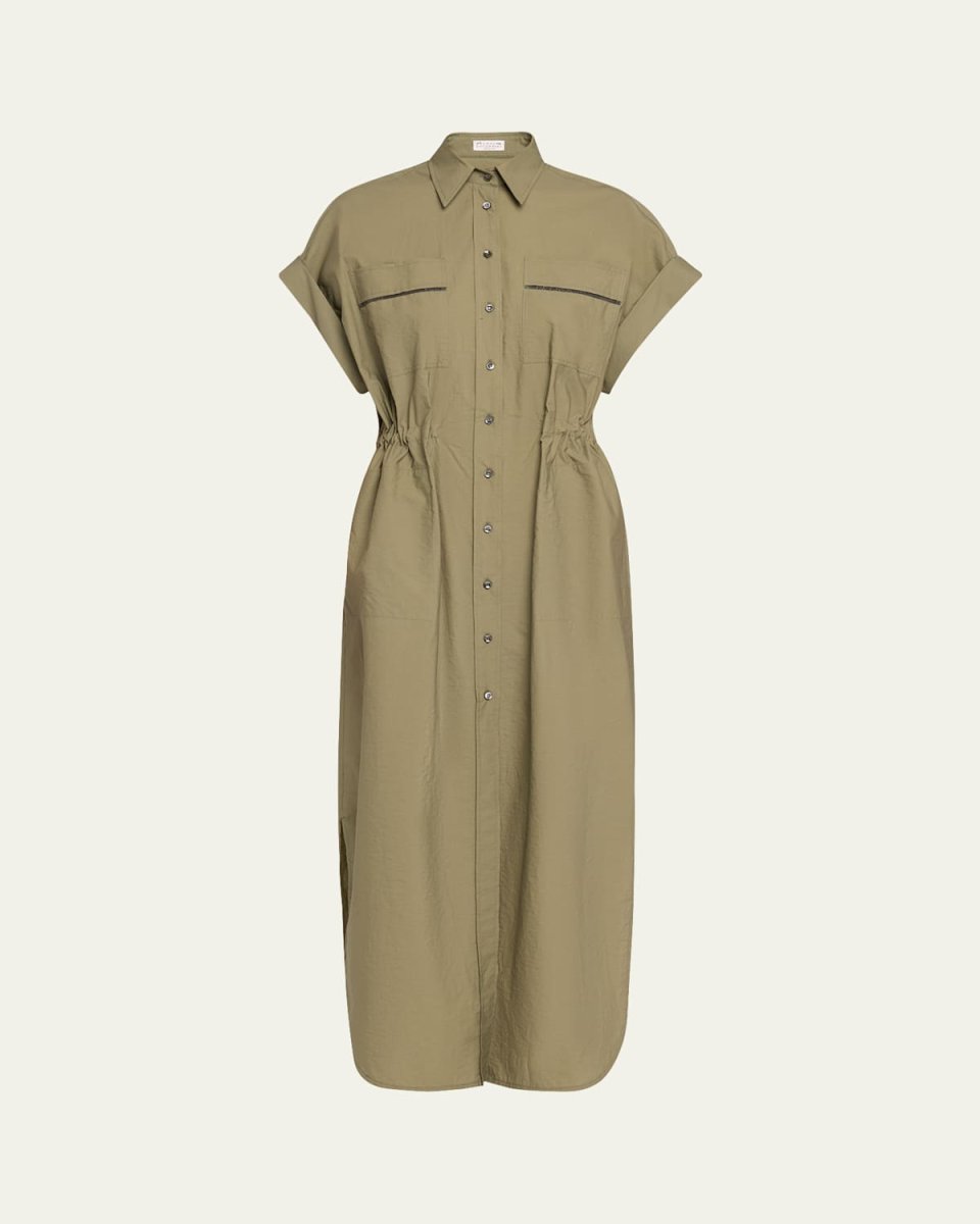 Monili-Trim Short-Sleeve Techno Cotton Poplin Midi Shirtdress